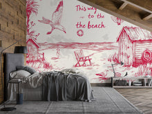 Load image into Gallery viewer, Beach House Wallpaper – Vintage Red And White Coastal Wall Mural With Seagull, Huts, And Chairs – Stylish “This Way To The Beach” Decor