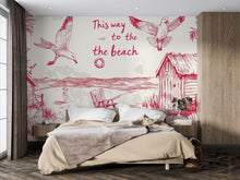 Load image into Gallery viewer, Beach House Wallpaper – Vintage Red And White Coastal Wall Mural With Seagull, Huts, And Chairs – Stylish “This Way To The Beach” Decor