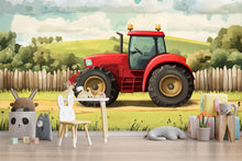 Load image into Gallery viewer, Red Tractor Kids Wall Mural – Farm Scene Wallpaper for Nursery or Playroom – Boys Room Decor – Country Landscape Wall Art Vn624