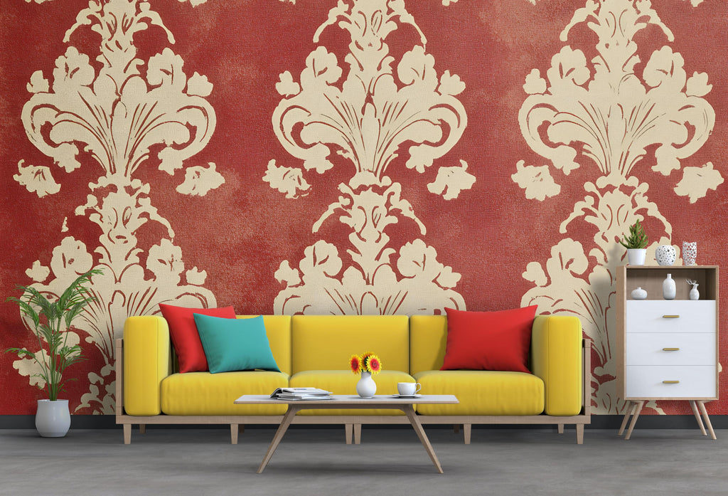 Modern Vintage Damask Wallpaper Mural – Elegant Red & Cream Wall Art for Living Room or Accent Wall Decor Vn638