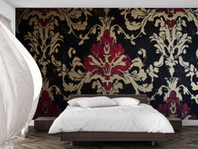 Load image into Gallery viewer, Luxury Baroque Floral Wallpaper – Black, Gold &amp; Red Damask Tapestry Wall Mural for Bedroom or Accent Wall Vn640