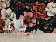 Load image into Gallery viewer, Bold Dark Floral Wall Mural – Large Vintage Flowers Wallpaper – Romantic Bedroom Wall Decor – Peel &amp; Stick or Traditional Vn646