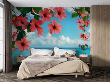 Load image into Gallery viewer, Tropical Hibiscus Flower Wall Mural – Ocean View Bedroom Wallpaper – Large Botanical Floral Peel and Stick Wall Art Vn648