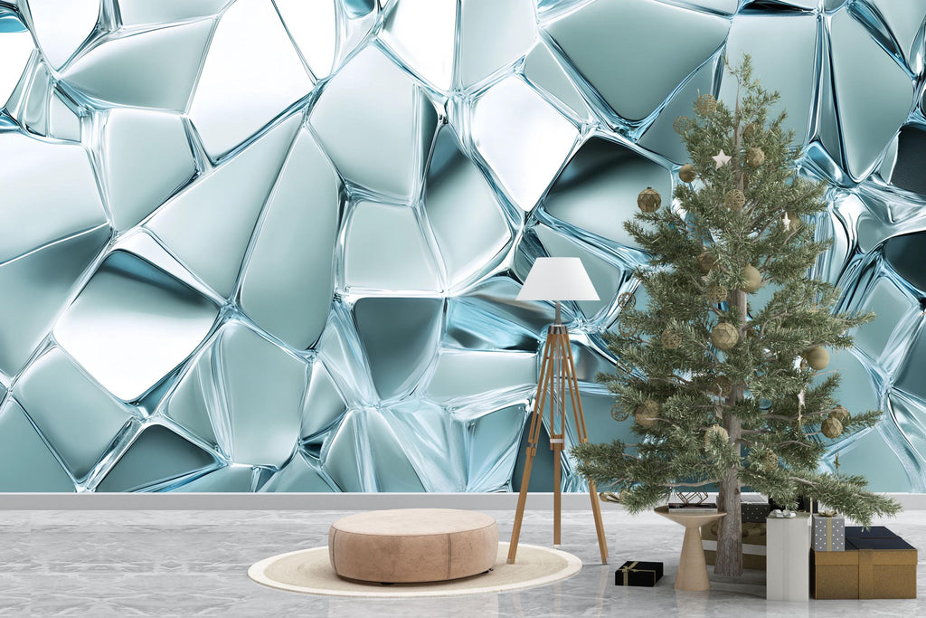 Abstract Glass Crystal Wall Mural – Modern 3D Ice Effect Wallpaper – Cool Blue Textured Accent Wall for Living Room or Office Vn656
