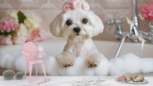 Load image into Gallery viewer, Cute Maltese Dog Bath Art | Whimsical Puppy Bathroom Print | Funny Dog Spa Wall Decor | White Dog Nursery Poster Vn667