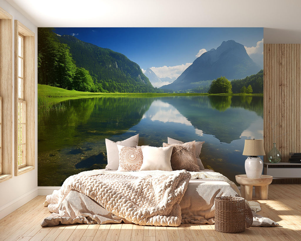 Mountain Lake Wall Mural - Scenic Nature Bedroom Wallpaper - Tranquil Forest Lake View Decor - Removable Peel and Stick Mural Vn688