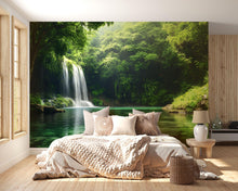 Load image into Gallery viewer, Waterfall Forest Wall Mural | Tranquil Nature Scene for Bedroom Decor | Lush Jungle Wall Art | Scenic Green Landscape Wallpaper Vn690