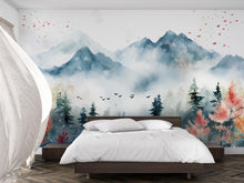 Load image into Gallery viewer, Watercolor Mountain Forest Wall Mural – Scenic Nature Bedroom Wallpaper – Misty Mountains Landscape Art – Removable Peel &amp; Stick Vn698