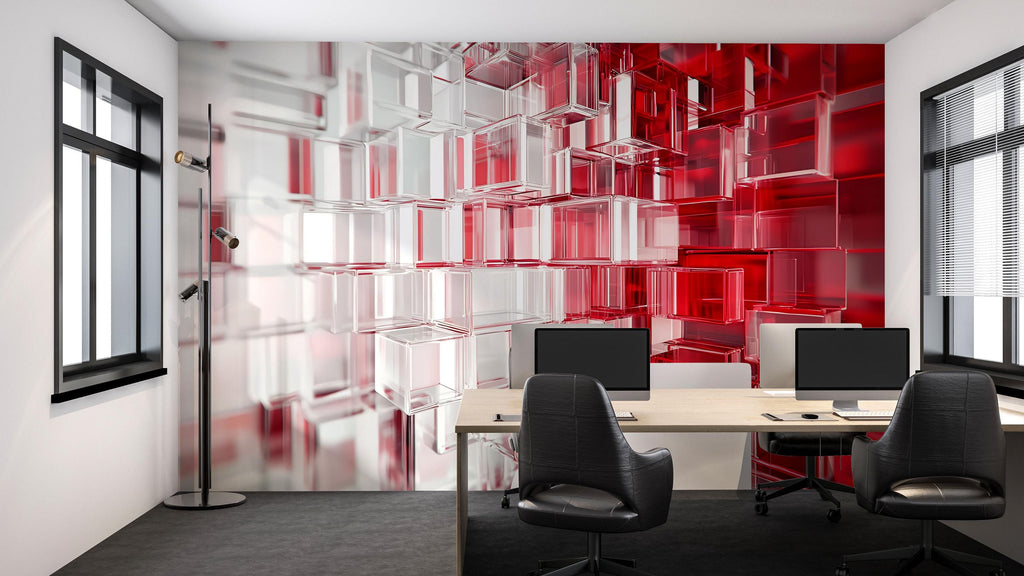 3D Geometric Red And Clear Glass Block Wallpaper – Modern Office Wall Mural – Stylish 3D Texture Wall Decor – Abstract Contemporary