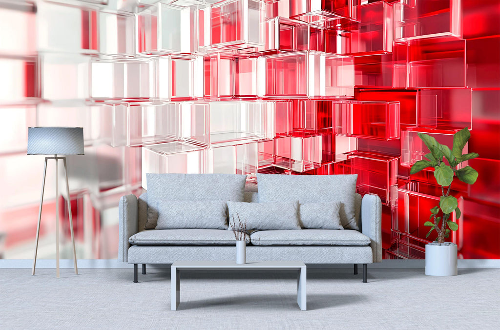 3D Geometric Red And Clear Glass Block Wallpaper – Modern Office Wall Mural – Stylish 3D Texture Wall Decor – Abstract Contemporary