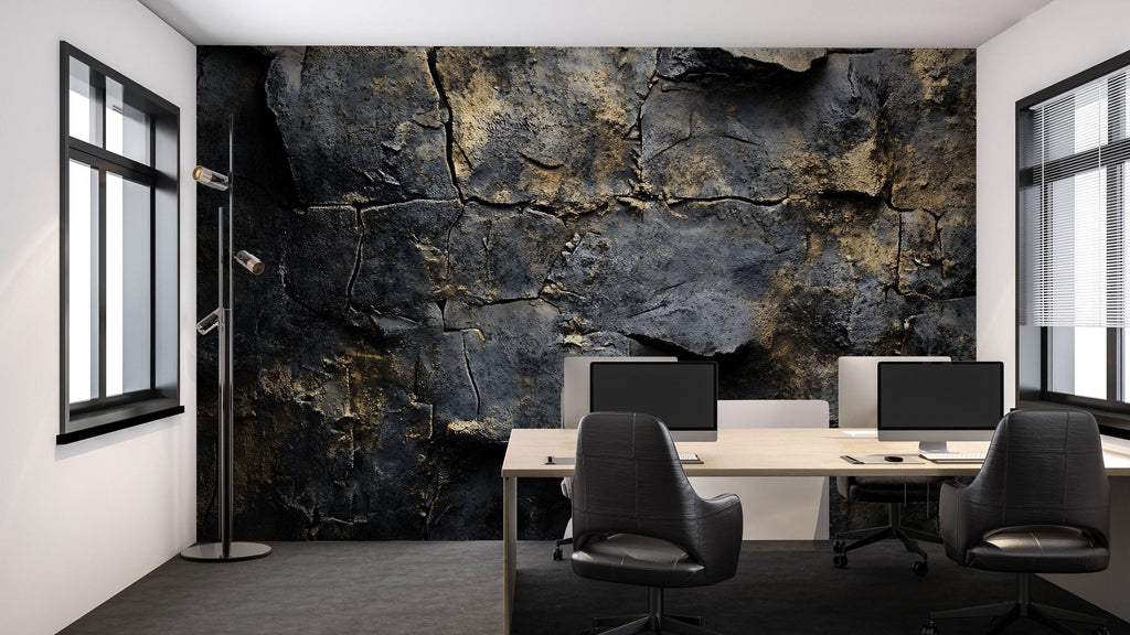 3D Cracked Stone Texture Wallpaper – Dark Grunge Industrial Wall Mural – Modern Office Wall Decor – Bold Faux Concrete Wallpaper