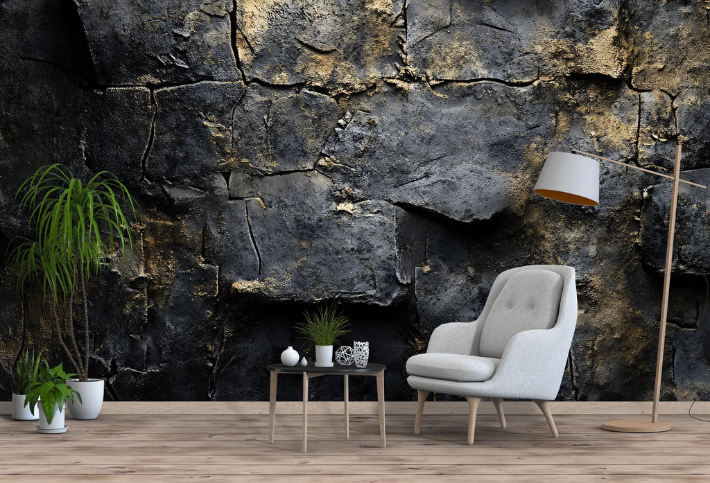 3D Cracked Stone Texture Wallpaper – Dark Grunge Industrial Wall Mural – Modern Office Wall Decor – Bold Faux Concrete Wallpaper