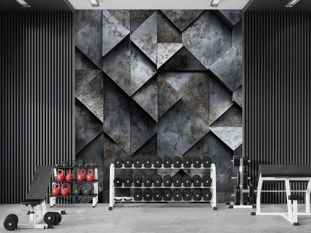 3D Concrete Geometric Texture Wallpaper – Bold Industrial Wall Mural For Home Gym Or Garage – Modern Dark Wall Decor – Stylish Textured