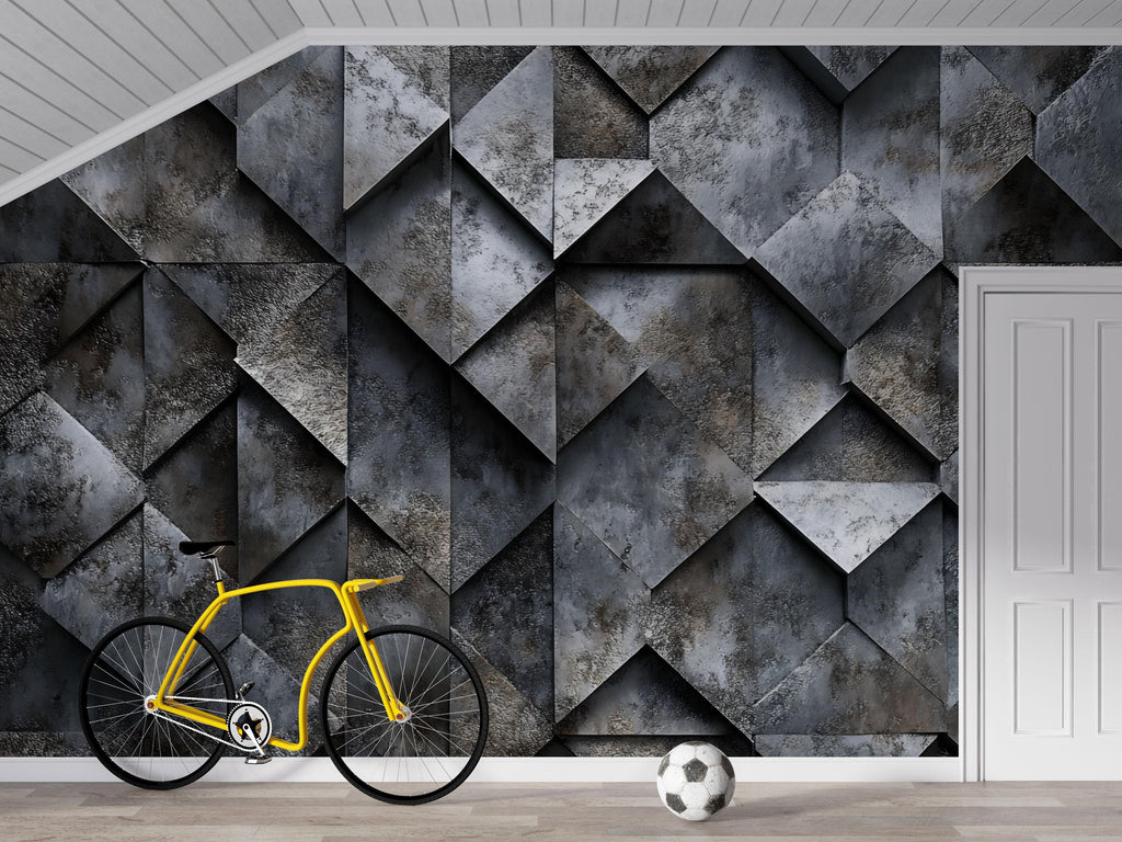 3D Concrete Geometric Texture Wallpaper – Bold Industrial Wall Mural For Home Gym Or Garage – Modern Dark Wall Decor – Stylish Textured