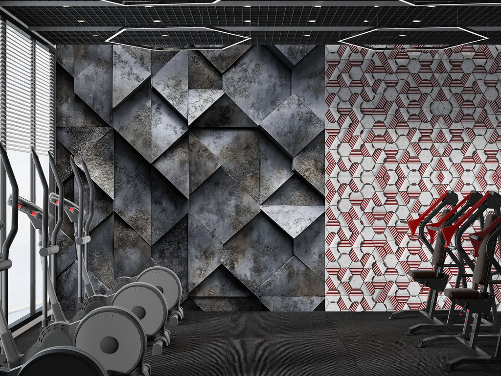 3D Concrete Geometric Texture Wallpaper – Bold Industrial Wall Mural For Home Gym Or Garage – Modern Dark Wall Decor – Stylish Textured