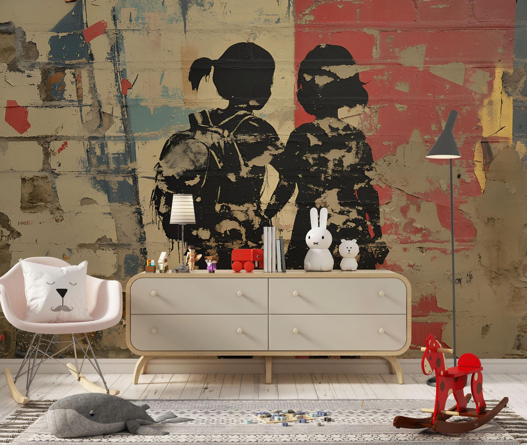 Urban Brick Graffiti Wall Mural – 3D Street Art Wallpaper Featuring Two Girls Holding Hands – Bold Textured Modern Decor – Banksy-Style