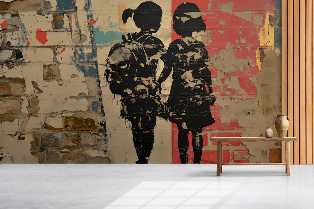 Urban Brick Graffiti Wall Mural – 3D Street Art Wallpaper Featuring Two Girls Holding Hands – Bold Textured Modern Decor – Banksy-Style