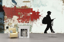 Load image into Gallery viewer, Stencil Soldier Graffiti Wall Mural – 3D Urban Brick Texture Wallpaper With Red Paint Splash – Modern Street Art Decor – Bold Statement