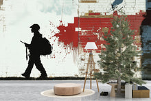 Load image into Gallery viewer, Stencil Soldier Graffiti Wall Mural – 3D Urban Brick Texture Wallpaper With Red Paint Splash – Modern Street Art Decor – Bold Statement