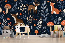 Load image into Gallery viewer, Woodland Nursery Wallpaper – Forest Animal Wall Mural – Kids Room Deer &amp; Mushroom Decor – Removable Peel and Stick Wallpaper Vn724