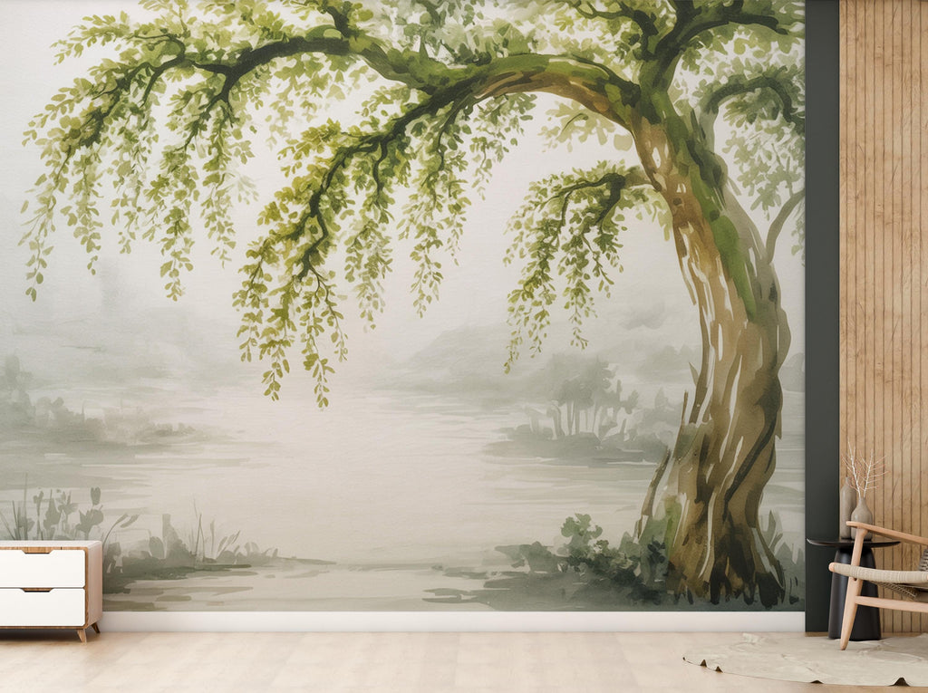 Watercolor Weeping Tree Mural Wallpaper – Elegant Hand-Painted Botanical Wall Art, Tranquil Nature-Inspired Wall Décor for Bedroom Spa 752RS