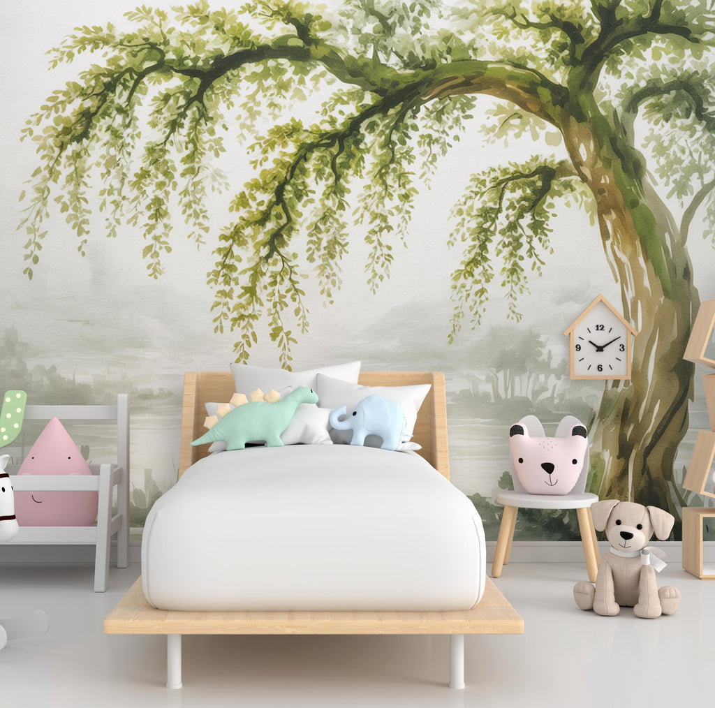 Watercolor Weeping Tree Mural Wallpaper – Elegant Hand-Painted Botanical Wall Art, Tranquil Nature-Inspired Wall Décor for Bedroom Spa 752RS