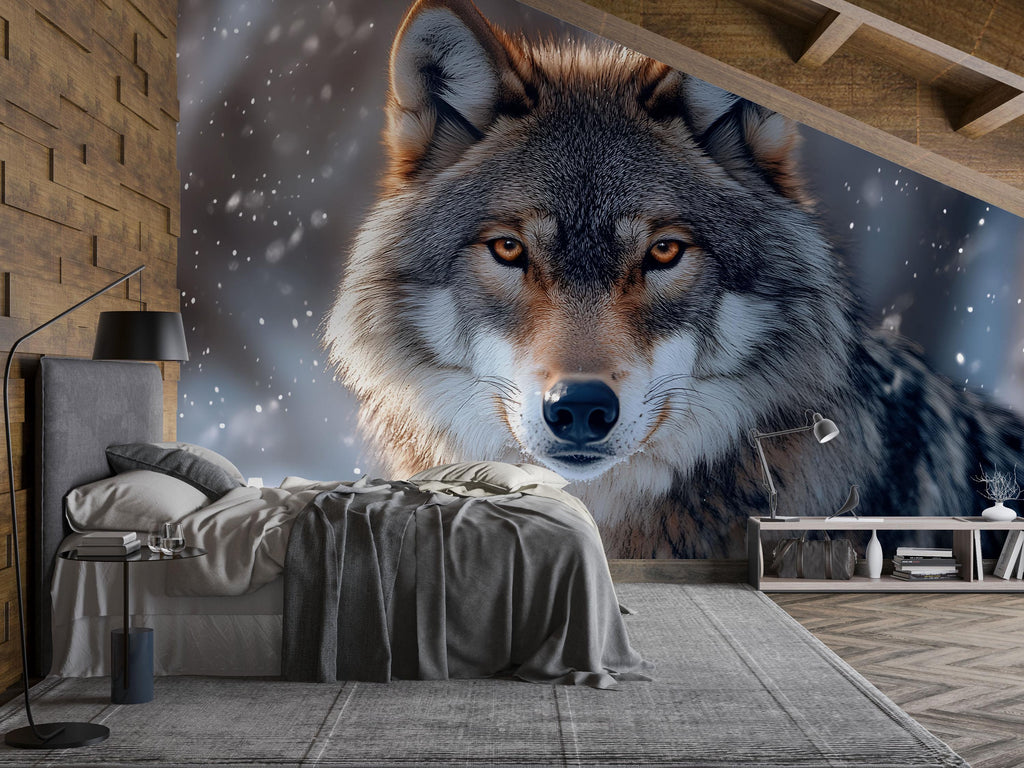 3D Wolf Wall Mural – Majestic Snowy Forest Decor, Modern Bedroom Accent, Nature-Inspired Animal Art, Stylish Gift for Holidays, Birthdays
