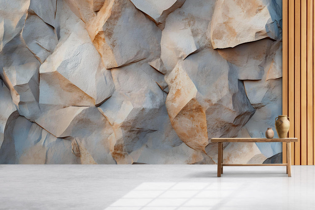 3D Stone Texture Wall Mural – Abstract Rock Pattern Wallpaper In Earthy Beige And Blue – Modern Textured Wall Decor – Stylish Natural Stone