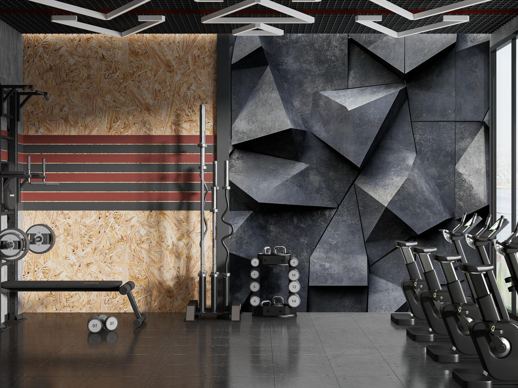 3D Geometric Concrete Wall Mural – Bold Textured Industrial Wallpaper For Home Gym Or Studio – Modern Fitness Room Wall Decor