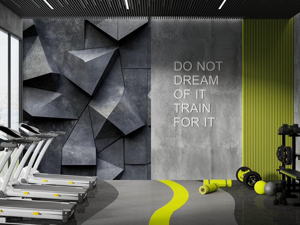 3D Geometric Concrete Wall Mural – Bold Textured Industrial Wallpaper For Home Gym Or Studio – Modern Fitness Room Wall Decor