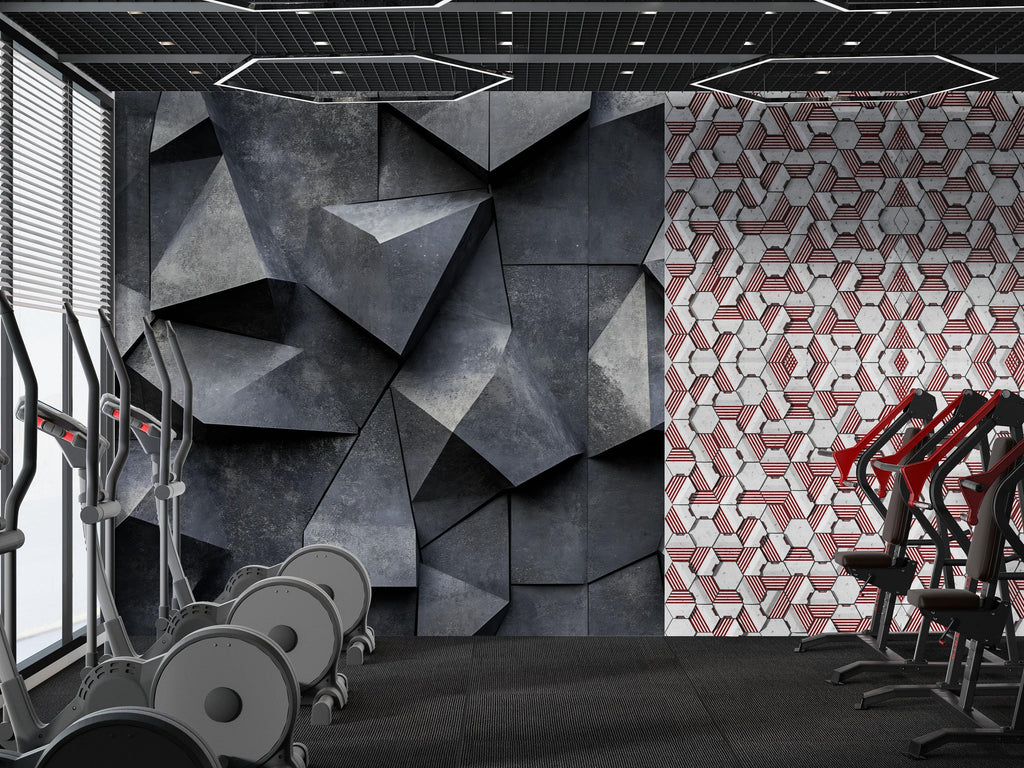 3D Geometric Concrete Wall Mural – Bold Textured Industrial Wallpaper For Home Gym Or Studio – Modern Fitness Room Wall Decor