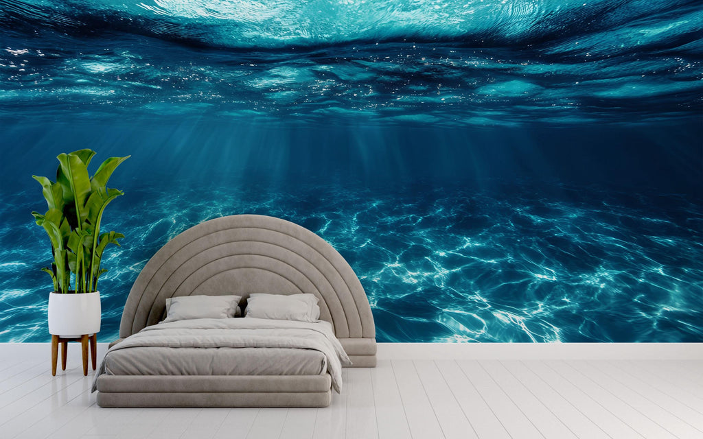 3D Underwater Ocean Wall Mural – Deep Blue Sea Wallpaper With Sun Rays And Water Texture – Modern Bedroom Decor – Relaxing Ocean