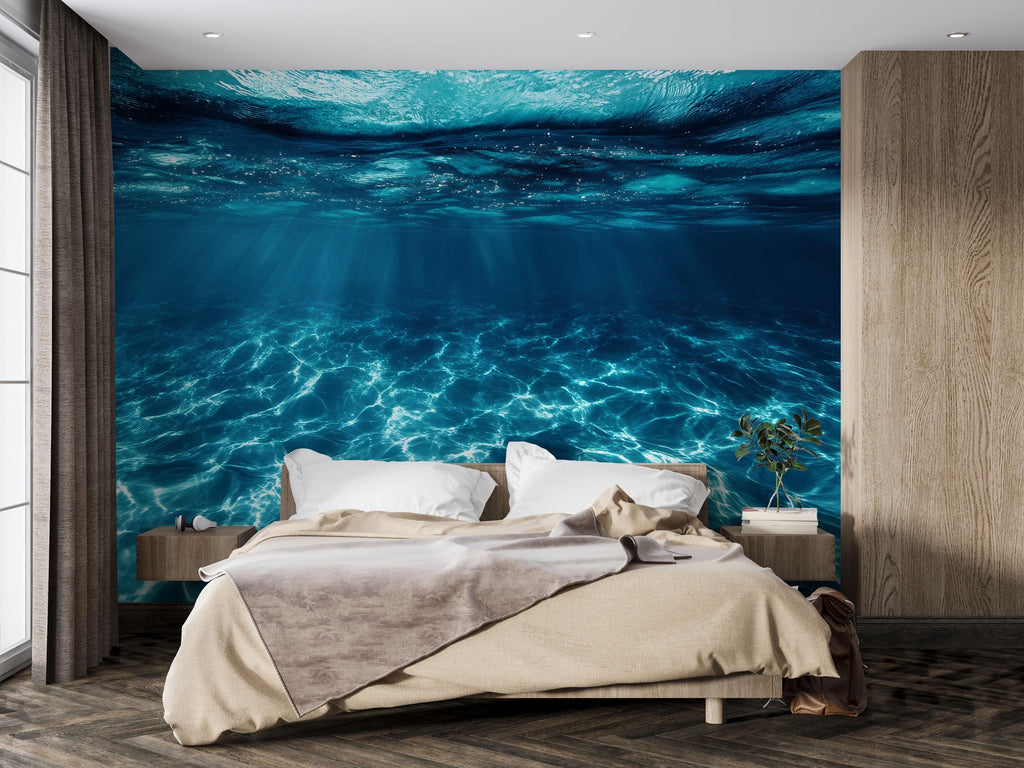 3D Underwater Ocean Wall Mural – Deep Blue Sea Wallpaper With Sun Rays And Water Texture – Modern Bedroom Decor – Relaxing Ocean