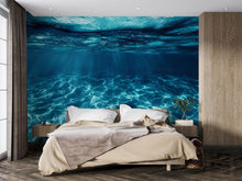 Load image into Gallery viewer, 3D Underwater Ocean Wall Mural – Deep Blue Sea Wallpaper With Sun Rays And Water Texture – Modern Bedroom Decor – Relaxing Ocean