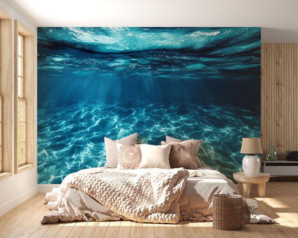 3D Underwater Ocean Wall Mural – Deep Blue Sea Wallpaper With Sun Rays And Water Texture – Modern Bedroom Decor – Relaxing Ocean