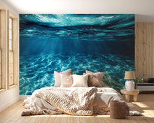 Load image into Gallery viewer, 3D Underwater Ocean Wall Mural – Deep Blue Sea Wallpaper With Sun Rays And Water Texture – Modern Bedroom Decor – Relaxing Ocean