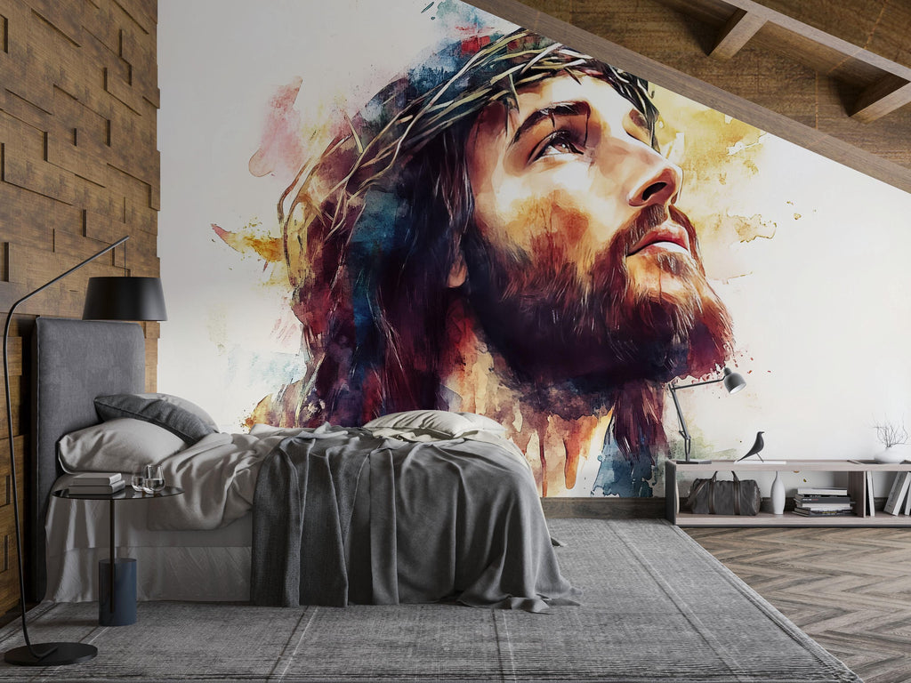 Watercolor Jesus Christ Wall Mural – Faithful Christian Decor, Easter & Christmas Gift, Spiritual Bedroom Accent, Bible Verse Wall Art