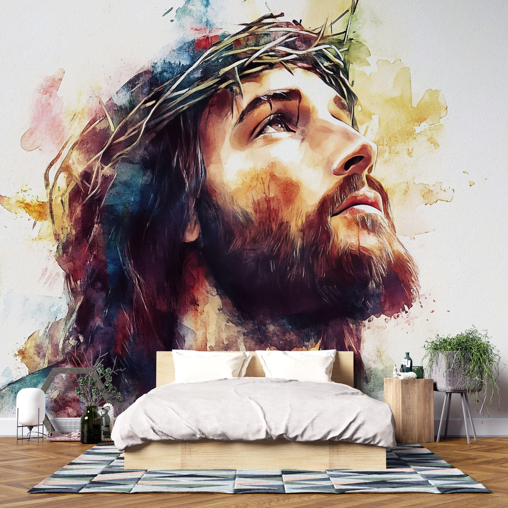 Watercolor Jesus Christ Wall Mural – Faithful Christian Decor, Easter & Christmas Gift, Spiritual Bedroom Accent, Bible Verse Wall Art