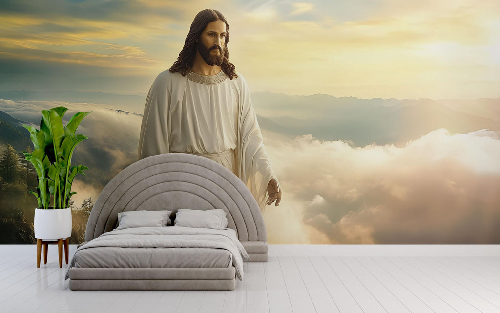 Serene Jesus Christ Wall Mural – Peaceful Christian Decor, Spiritual Home Accent, Perfect Easter & Christmas Gift, Cloud Landscape Art