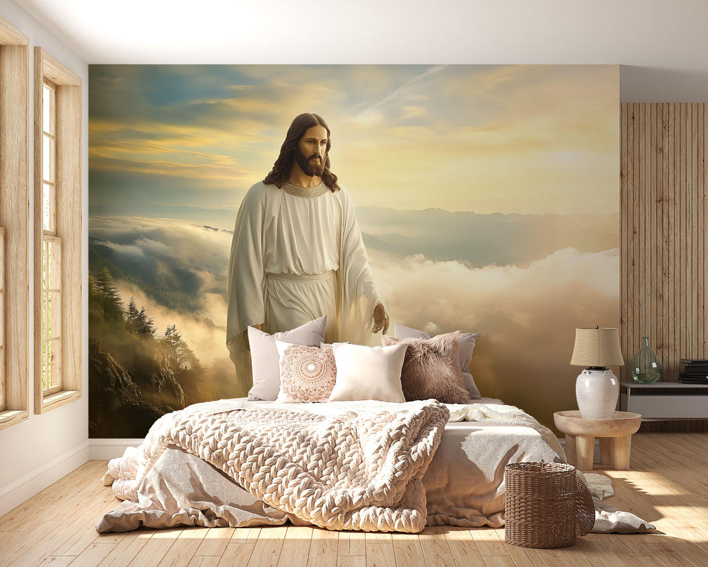 Serene Jesus Christ Wall Mural – Peaceful Christian Decor, Spiritual Home Accent, Perfect Easter & Christmas Gift, Cloud Landscape Art