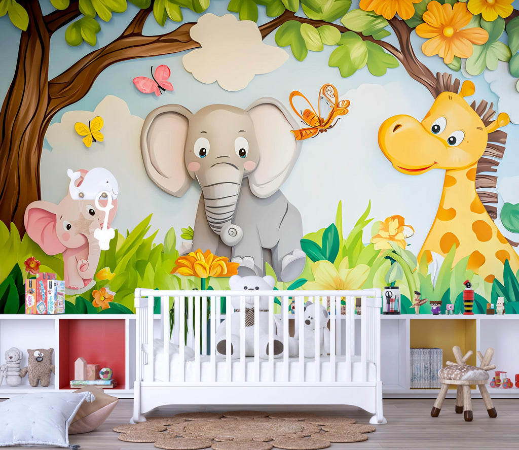 Jungle Safari Nursery Wall Mural – Baby Room Decor – Playroom Jungle Theme – Gender Neutral Baby Shower Gift – Kids Wall Art