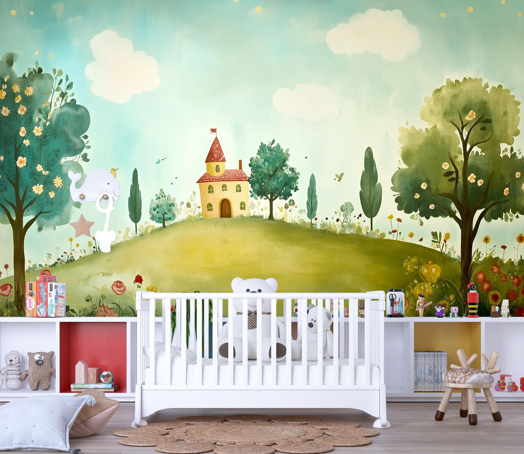 Countryside Storybook Nursery Wall Mural – Whimsical Baby Room Decor – Gender Neutral Playroom – Baby Shower Gift – Nursery Art