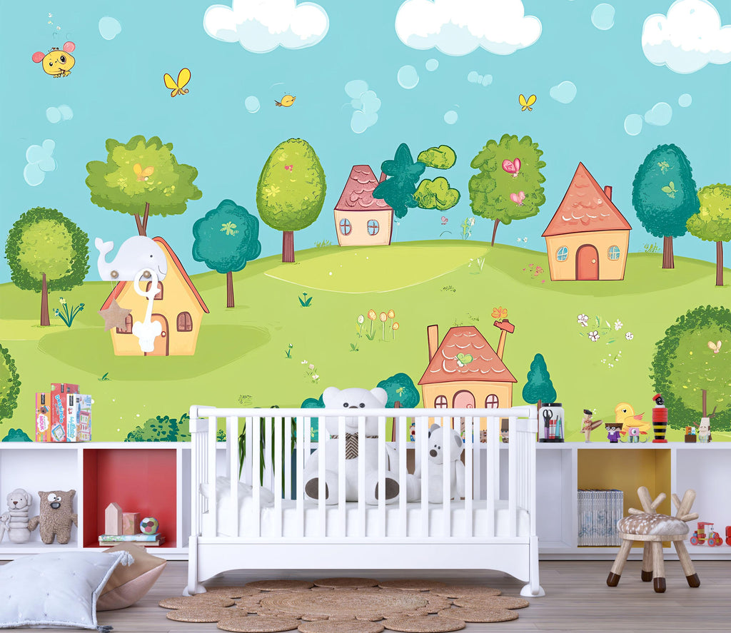 Colorful Cartoon Village Nursery Wall Mural – Baby Room Decor – Gender Neutral Playroom Art – Baby Shower Gift – Kids Room Wall Art