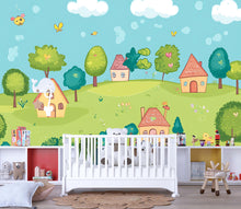 Load image into Gallery viewer, Colorful Cartoon Village Nursery Wall Mural – Baby Room Decor – Gender Neutral Playroom Art – Baby Shower Gift – Kids Room Wall Art