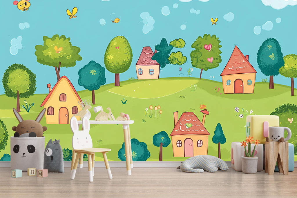 Colorful Cartoon Village Nursery Wall Mural – Baby Room Decor – Gender Neutral Playroom Art – Baby Shower Gift – Kids Room Wall Art