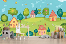 Load image into Gallery viewer, Colorful Cartoon Village Nursery Wall Mural – Baby Room Decor – Gender Neutral Playroom Art – Baby Shower Gift – Kids Room Wall Art