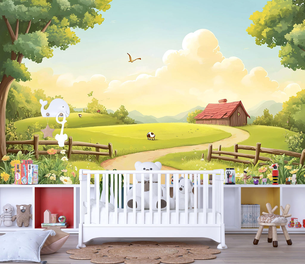 Countryside Farmhouse Nursery Wall Mural – Baby Room Decor – Gender Neutral Playroom Art – Baby Shower Gift – Kids Room Wall Art