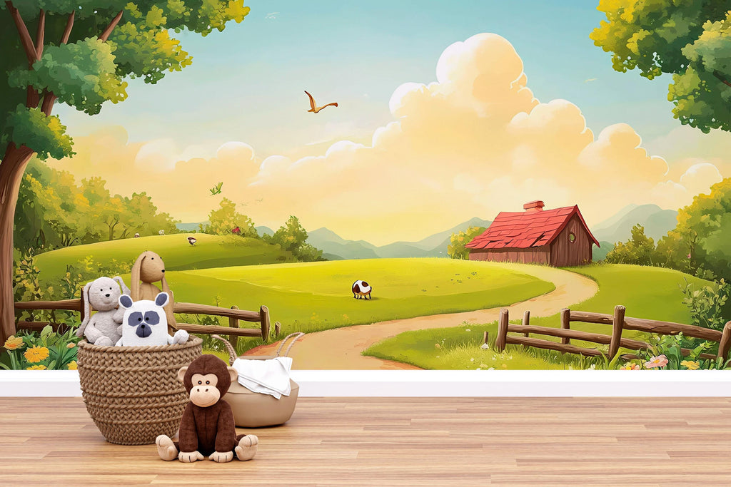 Countryside Farmhouse Nursery Wall Mural – Baby Room Decor – Gender Neutral Playroom Art – Baby Shower Gift – Kids Room Wall Art
