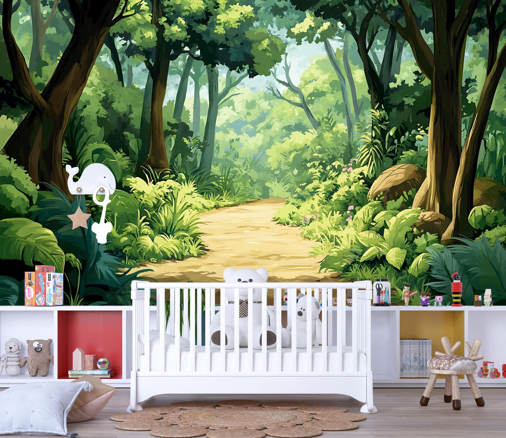 Lush Jungle Nursery Wall Mural – Baby Room Decor – Gender Neutral Playroom Art – Baby Shower Gift – Kids Room Wall Art – Jungle Path Mural