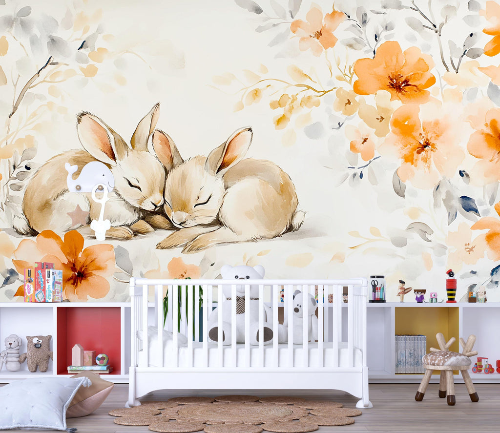 Sleeping Bunnies Nursery Wall Mural – Baby Room Decor – Floral Bunny Mural – Gender Neutral Playroom – Baby Shower Gift – Kids Room Art